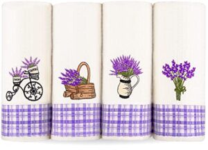 lavien home, dish towels for kitchen lavender embroidered absorbent and soft turkish cotton waffle weave (set of 4), boho farmhouse decor with plaid 16 x 23 inches