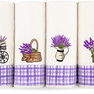 Lavien Home, Dish Towels for Kitchen Lavender Embroidered Absorbent and Soft Turkish Cotton Waffle Weave (Set of 4), Boho Farmhouse Decor with Plaid 16 x 23 inches