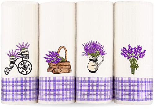 Lavien Home, Dish Towels for Kitchen Lavender Embroidered Absorbent and Soft Turkish Cotton Waffle Weave (Set of 4), Boho Farmhouse Decor with Plaid 16 x 23 inches