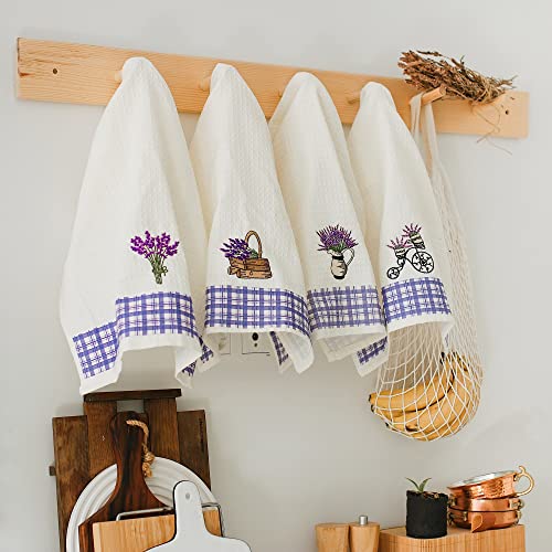 Lavien Home, Dish Towels for Kitchen Lavender Embroidered Absorbent and Soft Turkish Cotton Waffle Weave (Set of 4), Boho Farmhouse Decor with Plaid 16 x 23 inches