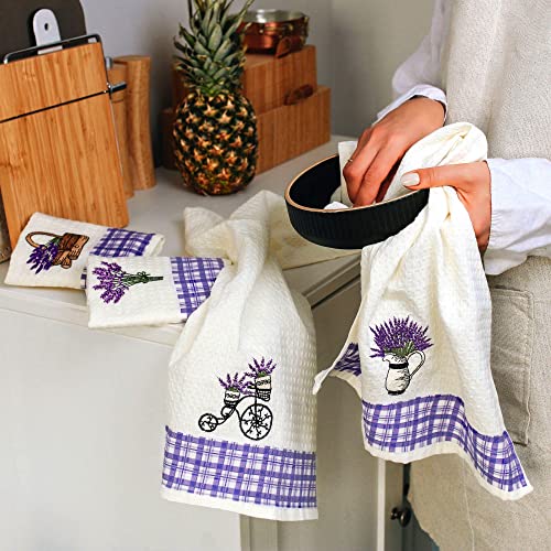 Lavien Home, Dish Towels for Kitchen Lavender Embroidered Absorbent and Soft Turkish Cotton Waffle Weave (Set of 4), Boho Farmhouse Decor with Plaid 16 x 23 inches