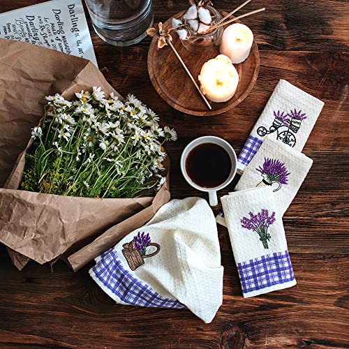 Lavien Home, Dish Towels for Kitchen Lavender Embroidered Absorbent and Soft Turkish Cotton Waffle Weave (Set of 4), Boho Farmhouse Decor with Plaid 16 x 23 inches