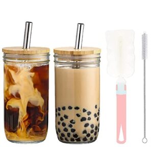 mason jar with lid and straw, iced coffee cups 2 pack 24 oz, reusable wide mouth smoothie cups, clear tumblers drinking bottle, boba cup with lids and silver straws for large pearl juices cocktail