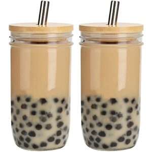 mixrug bubble tea cups 24oz 2 pack, reusable iced coffee cups wide mason mouth smoothie cups with bamboo lids and silver straws, mason jar drinking glasses cups, travel glass drinking bottle