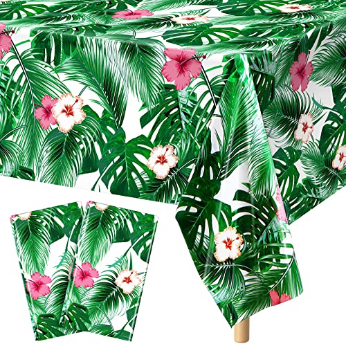 durony 2 Packs Hawaii Palm Leaves Plastic Tablecloths Table Cover 54 x 108 Inches Plastic Hawaii Luau Party Table Cloth Cover for Hawaii Luau Birthday Summer Tropical Party Supplies