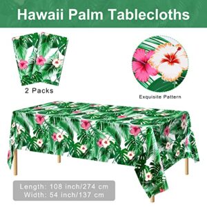 durony 2 Packs Hawaii Palm Leaves Plastic Tablecloths Table Cover 54 x 108 Inches Plastic Hawaii Luau Party Table Cloth Cover for Hawaii Luau Birthday Summer Tropical Party Supplies