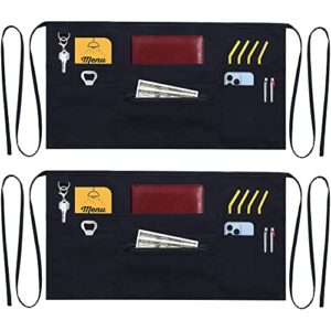 texvida 7 pockets server aprons with zipper pocket (2 pack) - commercial grade aprons for women men - waiter waitress waist half apron - black 24x12