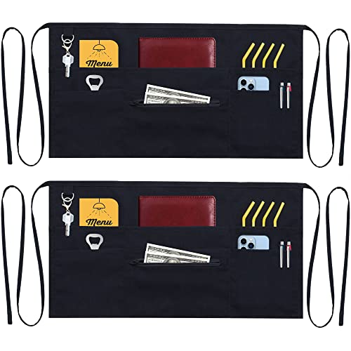 TEXVIDA 7 Pockets Server Aprons with Zipper Pocket (2 Pack) - Commercial Grade Aprons for Women Men - Waiter Waitress Waist Half Apron - Black 24x12