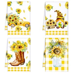 4 pcs kitchen towels sunflower bee dish towels decorative absorbent hand polyester towel with hanging loop for kitchen dishes tea towels for home housewarming gifts decor, 16 x 24'' (yellow, sweet)