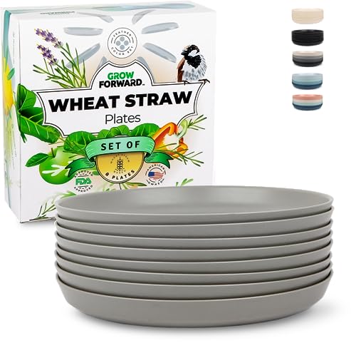 Grow Forward Premium Wheat Straw Plates - 10 Inch Hard Plastic Plates Reusable - Unbreakable Microwave Safe Deep Dinner Plates Set of 8 - Outdoor Plates for Patio, Camping, Picnic, Kids - Feather