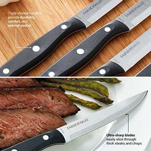 Farberware Full-Tang Triple-Riveted 8-Piece Steak Knife Set, High-Carbon Stainless Steel, Razor-Sharp Knives with Ergonomic Handle, Kitchen Knives, Set of 8, Black