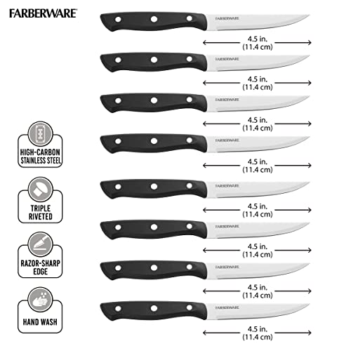 Farberware Full-Tang Triple-Riveted 8-Piece Steak Knife Set, High-Carbon Stainless Steel, Razor-Sharp Knives with Ergonomic Handle, Kitchen Knives, Set of 8, Black