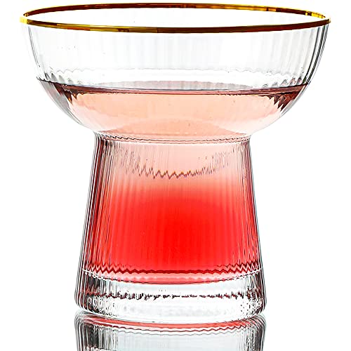 Lysenn Stemless Margarita Glasses Set of 2 - Elegant Vertical Stripes Cocktail Glasses – Premium Hand Blown Glassware for Martini and Mixed Drinks – 10 oz Gold Rim