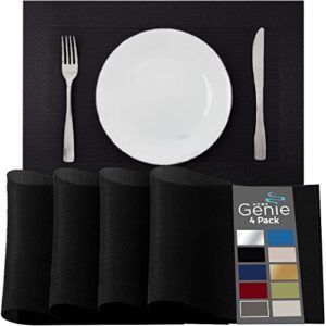 home genie placemat set of 4 protect surface heat and stain resistant dinner mats, wipeable food grade place mats, woven vinyl plates for kitchen, dining room table décor accessories 18”x12” black