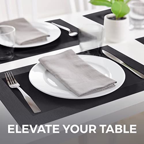 Home Genie Placemat Set of 4 Protect Surface Heat and Stain Resistant Dinner Mats, Wipeable Food Grade Place Mats, Woven Vinyl Plates for Kitchen, Dining Room Table Décor Accessories 18”x12” Black