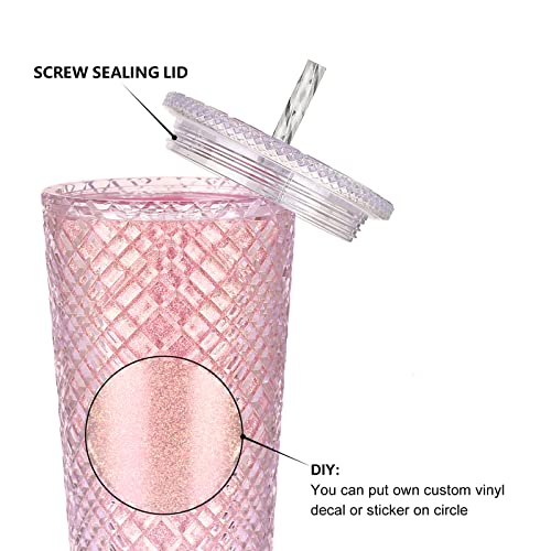 Tumbler with Lid, Iced Coffee Cup Travel Mug Reusable Plastic Cups,Double Walled Insulated Tumblers With Leak Proof Lids,BPA Free,24Oz Glitter Pink