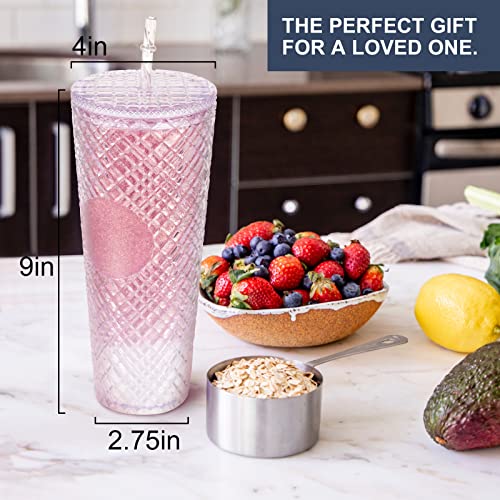 Tumbler with Lid, Iced Coffee Cup Travel Mug Reusable Plastic Cups,Double Walled Insulated Tumblers With Leak Proof Lids,BPA Free,24Oz Glitter Pink