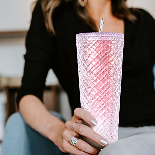 Tumbler with Lid, Iced Coffee Cup Travel Mug Reusable Plastic Cups,Double Walled Insulated Tumblers With Leak Proof Lids,BPA Free,24Oz Glitter Pink