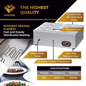 VIVICORE 6 Pan Commercial Food Warmer, 1200W Electric Steam Table, 32 Quart Capacity Professional Stainless Steel Buffet Bain Marie for Restaurants, Catering, Cafeterias, Home Parties, Hotels…