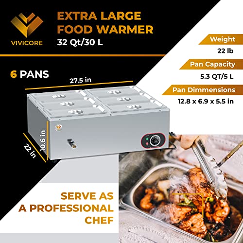 VIVICORE 6 Pan Commercial Food Warmer, 1200W Electric Steam Table, 32 Quart Capacity Professional Stainless Steel Buffet Bain Marie for Restaurants, Catering, Cafeterias, Home Parties, Hotels…