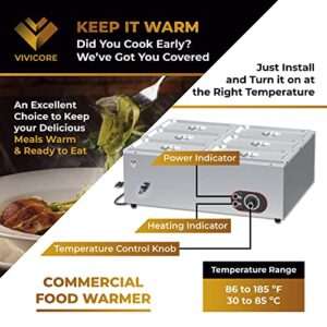 VIVICORE 6 Pan Commercial Food Warmer, 1200W Electric Steam Table, 32 Quart Capacity Professional Stainless Steel Buffet Bain Marie for Restaurants, Catering, Cafeterias, Home Parties, Hotels…