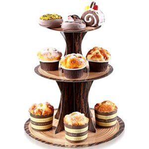 kritkin woodland baby shower decorations wood birthday party supplies, 3 tier cardboard wooden cupcake stand tower, grain rustic jungle animal cupcake stand lumberjack western
