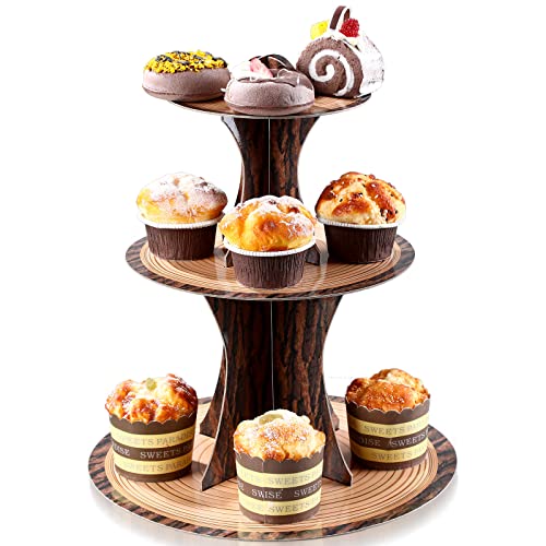 Kritkin Woodland Baby Shower Decorations Wood Birthday Party Supplies, 3 Tier Cardboard Wooden Cupcake Stand Tower, Grain Rustic Jungle Animal Cupcake Stand Lumberjack Western