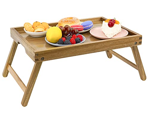 VaeFae Acacia Bed Table Tray, Wooden Breakfast Tray with Folding Legs, Bed Tray for Eating and Laptop, Eating Trays for Bedroom