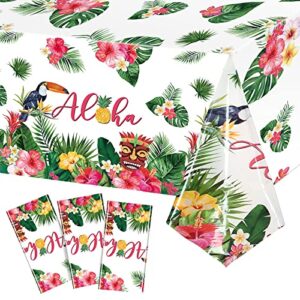 3 pack hawaiian luau tablecloths, luau decoration aloha tropical palm leaves table cloth hawaii disposable plastic rectangular table cover tiki party supplies for birthday summer kid, 54 x 108 inch