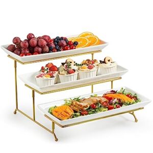 Large 3 Tier Serving Stand Tiered Serving Trays Collapsible Sturdier Rack with 3 Porcelain Serving Platters for Fruit Dessert Presentation Party Display Set, 14 Inch