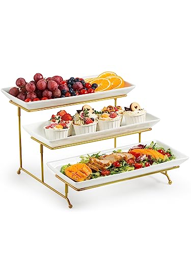 Large 3 Tier Serving Stand Tiered Serving Trays Collapsible Sturdier Rack with 3 Porcelain Serving Platters for Fruit Dessert Presentation Party Display Set, 14 Inch