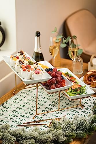 Large 3 Tier Serving Stand Tiered Serving Trays Collapsible Sturdier Rack with 3 Porcelain Serving Platters for Fruit Dessert Presentation Party Display Set, 14 Inch