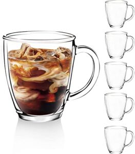 [6 pack,12 oz] design•master premium glass coffee mugs with handle,transparent tea glasses for hot/cold beverages, perfect design for americano, cappuccino, latte or tea and beverage.