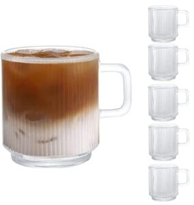 [6 pack, 12 oz] design•master premium glass coffee mugs with handle, classic vertical stripes tea cup,transparent tea glasses for hot/cold beverages.
