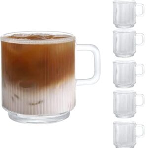 [6 PACK, 12 OZ] DESIGN•MASTER Premium Glass Coffee Mugs with Handle, Classic Vertical Stripes Tea Cup,Transparent Tea Glasses for Hot/Cold Beverages.