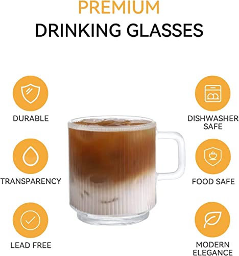 [6 PACK, 12 OZ] DESIGN•MASTER Premium Glass Coffee Mugs with Handle, Classic Vertical Stripes Tea Cup,Transparent Tea Glasses for Hot/Cold Beverages.