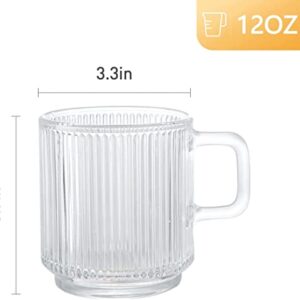 [6 PACK, 12 OZ] DESIGN•MASTER Premium Glass Coffee Mugs with Handle, Classic Vertical Stripes Tea Cup,Transparent Tea Glasses for Hot/Cold Beverages.