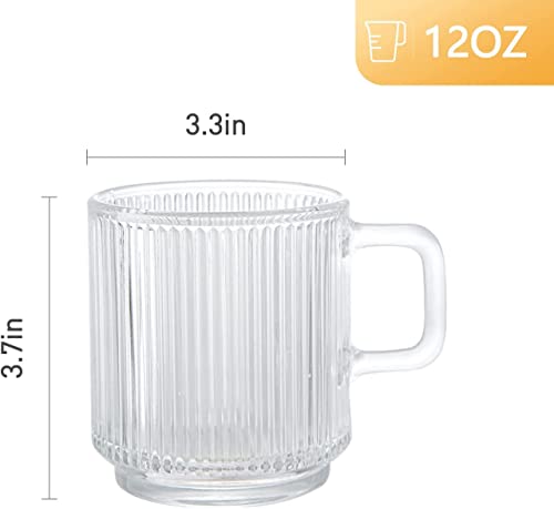 [6 PACK, 12 OZ] DESIGN•MASTER Premium Glass Coffee Mugs with Handle, Classic Vertical Stripes Tea Cup,Transparent Tea Glasses for Hot/Cold Beverages.