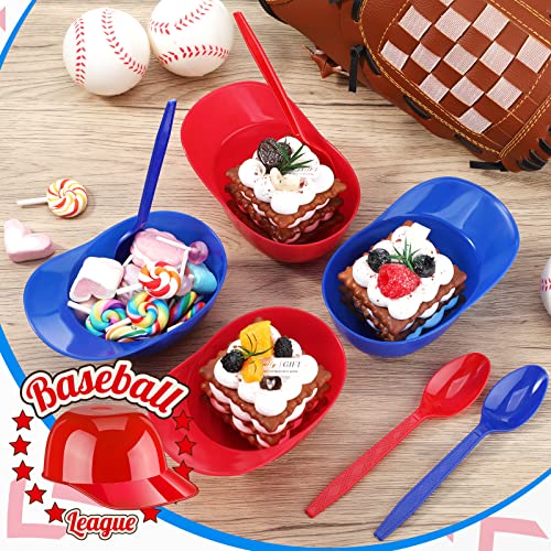 24 Count Summer Baseball Helmet Snack Ice Cream Bowl 24 Pcs Disposable Taster Spoons 8 oz Mini Sundae Bowls Mini Dessert Spoons Plastic Ice Cream Spoon for Party Supplies(Red, Dark Blue)