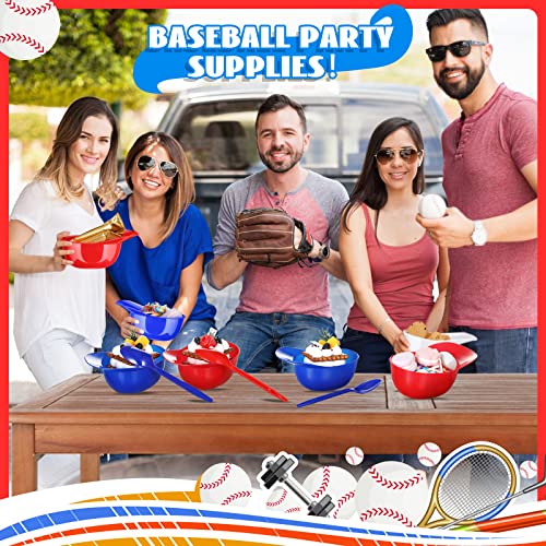 24 Count Summer Baseball Helmet Snack Ice Cream Bowl 24 Pcs Disposable Taster Spoons 8 oz Mini Sundae Bowls Mini Dessert Spoons Plastic Ice Cream Spoon for Party Supplies(Red, Dark Blue)