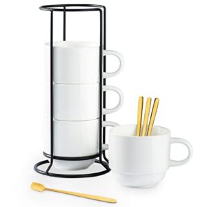 yhosseun porcelain coffee mug set with metal stand, ceramic cups with espresso spoons, 11 ounce mug set perfect for americano, chocolate drinks, milk, tea, set of 4, white