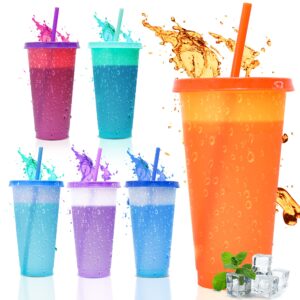 sanzix tumblers with lids and straws - 6 pack 24oz color changing cups with lids and straws, reusable cups with lids and straws for party, travel, iced coffee, smoothie, reusable cold drink cups
