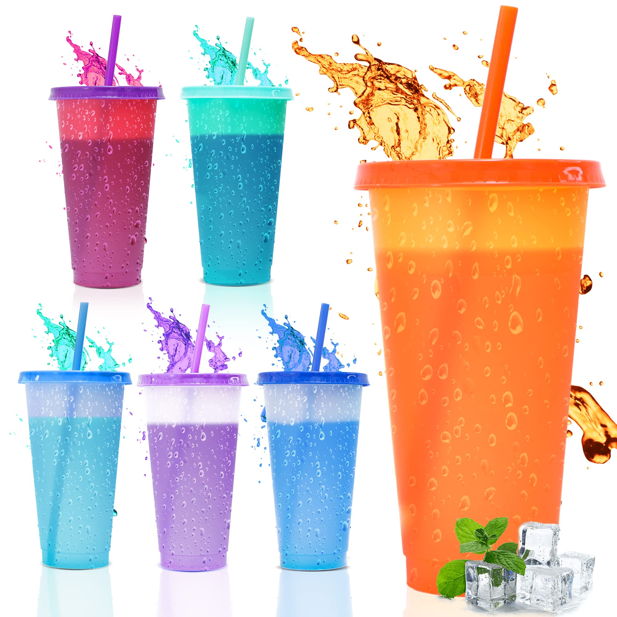 Sanzix Tumblers with Lids and Straws - 6 Pack 24oz Color Changing Cups with Lids and Straws, Reusable Cups with Lids and Straws for Party, Travel, Iced Coffee, Smoothie, Reusable Cold Drink Cups