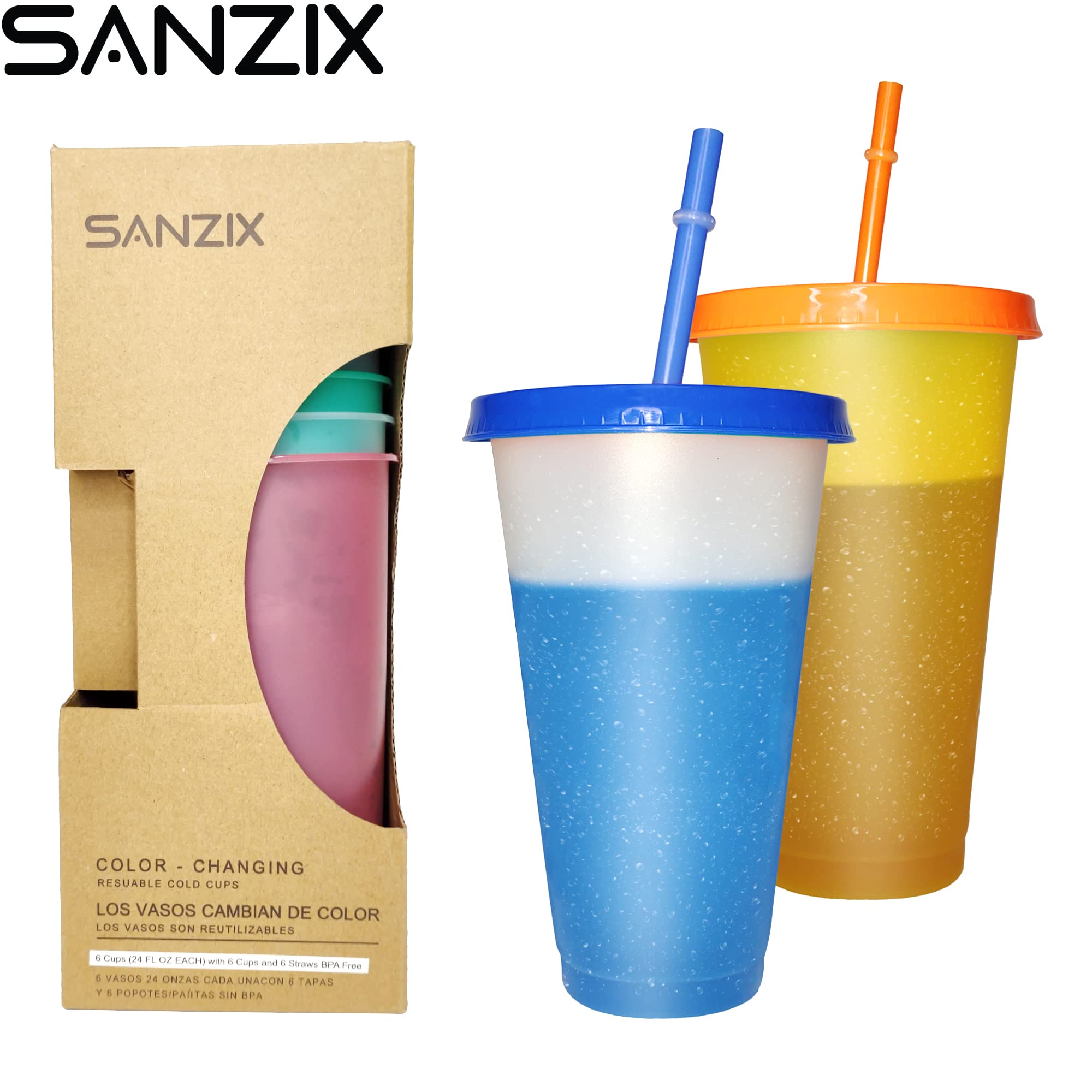 Sanzix Tumblers with Lids and Straws - 6 Pack 24oz Color Changing Cups with Lids and Straws, Reusable Cups with Lids and Straws for Party, Travel, Iced Coffee, Smoothie, Reusable Cold Drink Cups