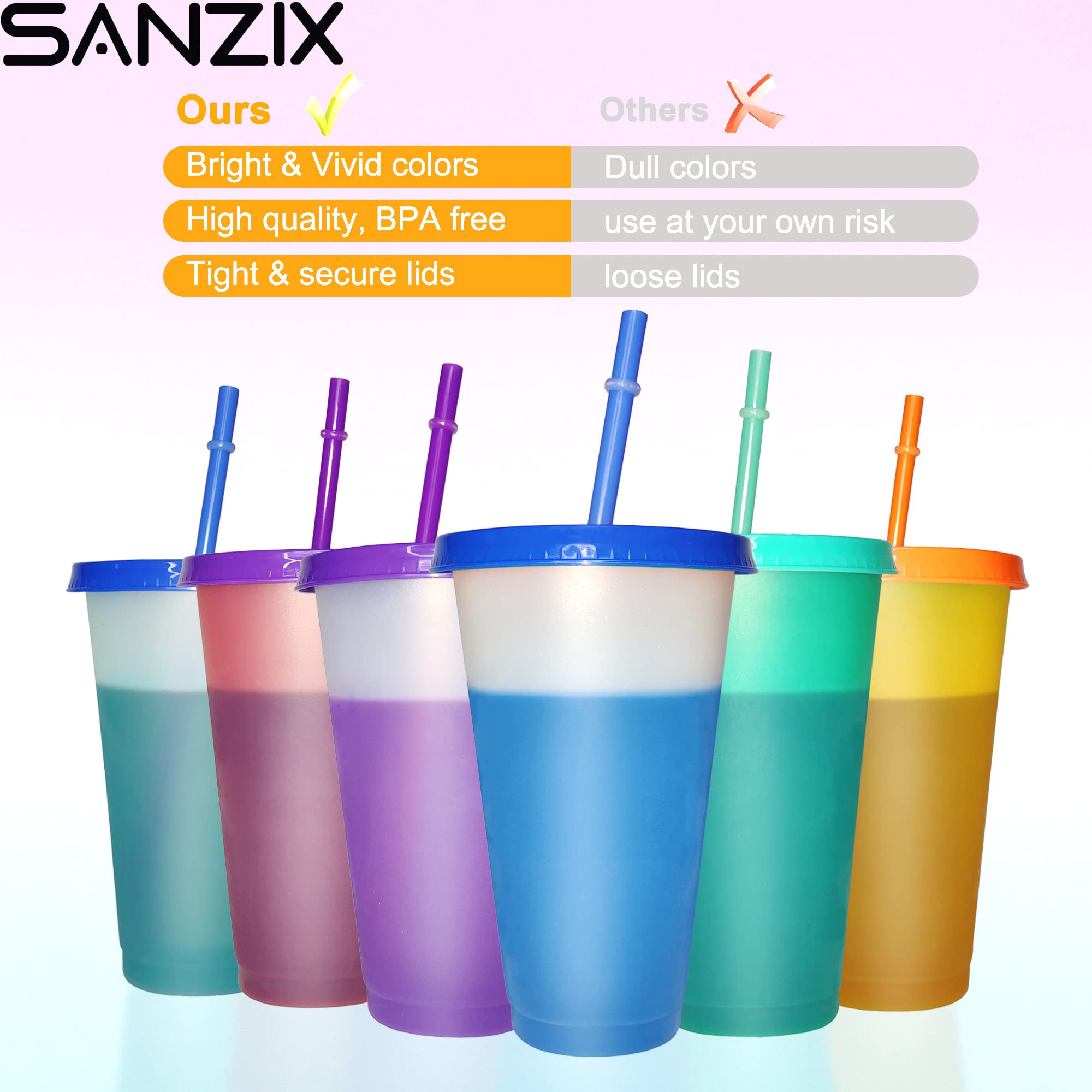 Sanzix Tumblers with Lids and Straws - 6 Pack 24oz Color Changing Cups with Lids and Straws, Reusable Cups with Lids and Straws for Party, Travel, Iced Coffee, Smoothie, Reusable Cold Drink Cups