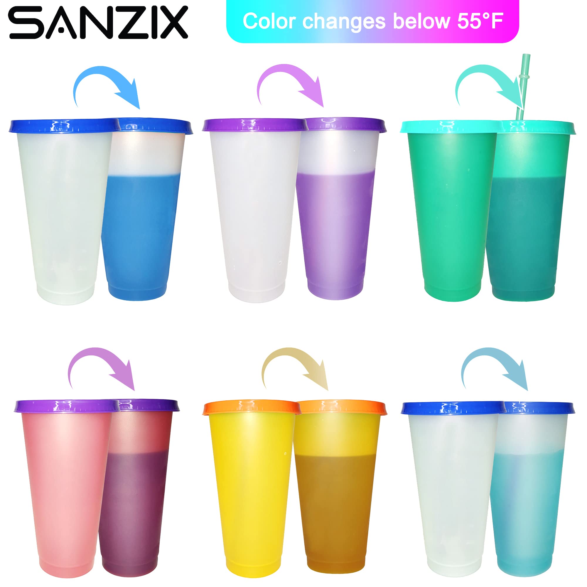 Sanzix Tumblers with Lids and Straws - 6 Pack 24oz Color Changing Cups with Lids and Straws, Reusable Cups with Lids and Straws for Party, Travel, Iced Coffee, Smoothie, Reusable Cold Drink Cups