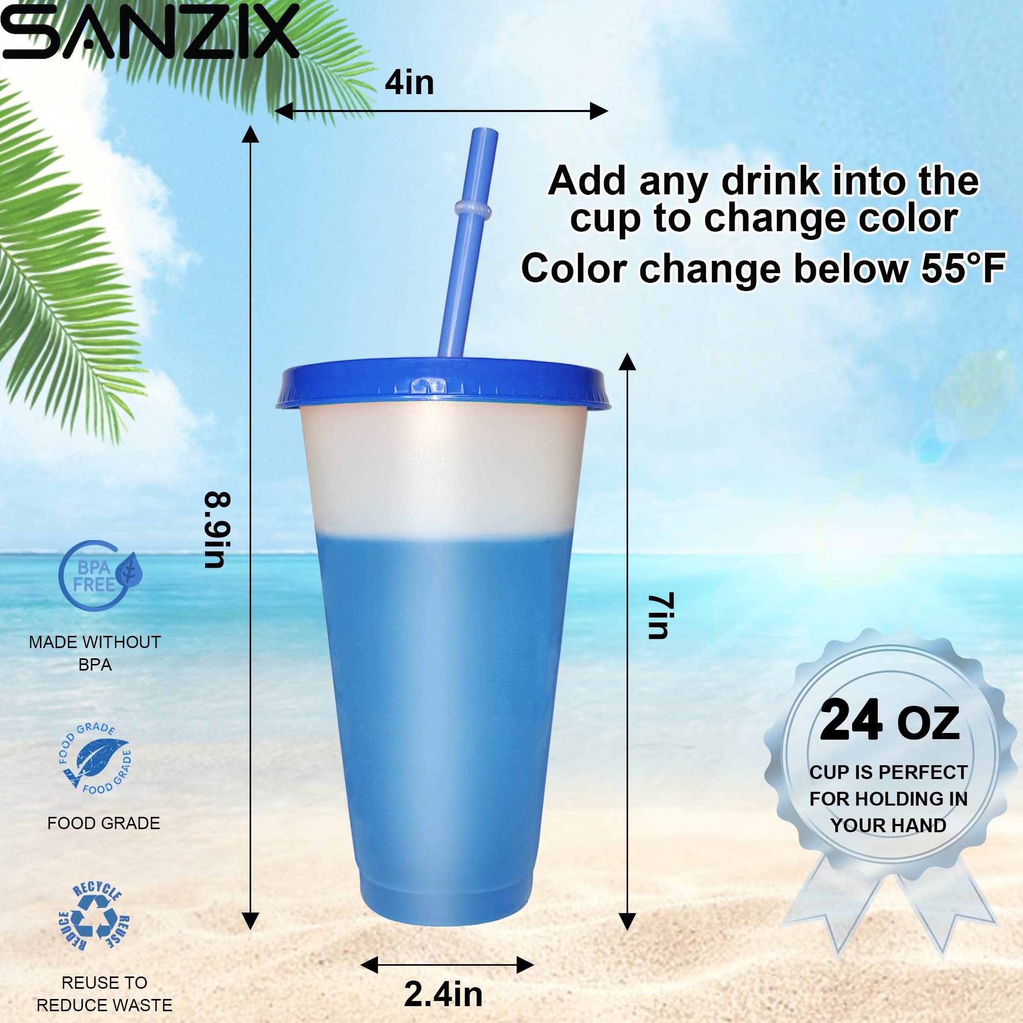 Sanzix Tumblers with Lids and Straws - 6 Pack 24oz Color Changing Cups with Lids and Straws, Reusable Cups with Lids and Straws for Party, Travel, Iced Coffee, Smoothie, Reusable Cold Drink Cups