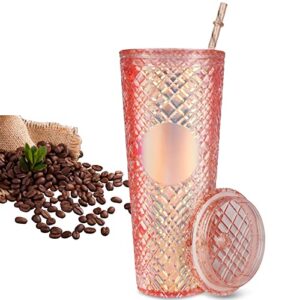 everglitter 24oz rose gold jeweled tumbler with lid and straw,bpa-free,plastic double wall insulated water bottles with straw,jeweled cups with lid leakproof,pink tumbler gifts for women,keep colds