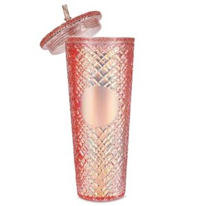 EVERGLITTER 24oz Rose Gold Jeweled Tumbler with Lid and Straw,BPA-FREE,Plastic Double Wall Insulated Water Bottles with Straw,Jeweled Cups with Lid Leakproof,Pink Tumbler Gifts for Women,Keep Colds