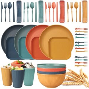 48 pcs wheat straw dinnerware sets, unbreakable plates and bowls sets, reusable dinnerware sets for 4 people, travel camping picnic home party cutlery set, dishwasher microwave safe dishes